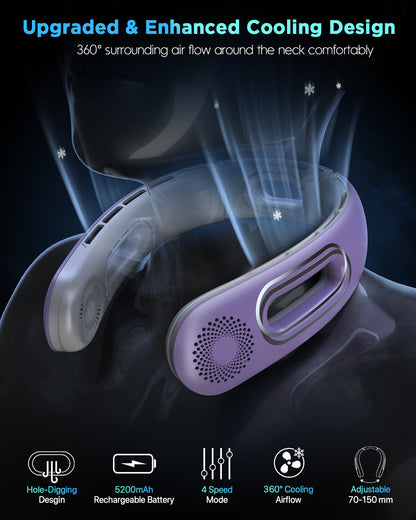 Hotsales Neck Fan, Hands Free Bladeless Neck Fans Portable Rechargeable, 360° Cooling Neck Fan, 4 Speeds, Quiet, 5200 mAh Battery Operated USB Wearable Personal Fan Gifts for Women, Travel, Outdoor (Purple)
